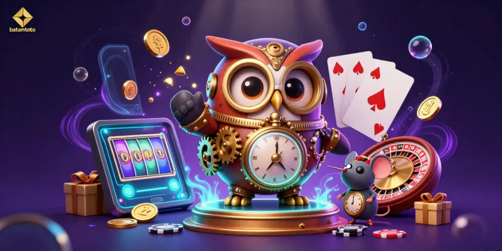 Experience the excitement of batamtoto in a vibrant steampunk casino world with owl and mouse companions.