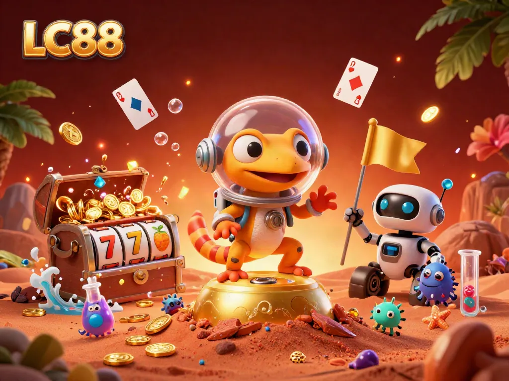 Experience the vibrant world of LC88 with a Martian gecko exploring a lavish casino in this unique illustration.