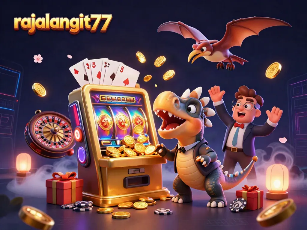 Experience epic wins with rajalangit77, featuring a vibrant 3D scene of dinosaurs in a lively casino!