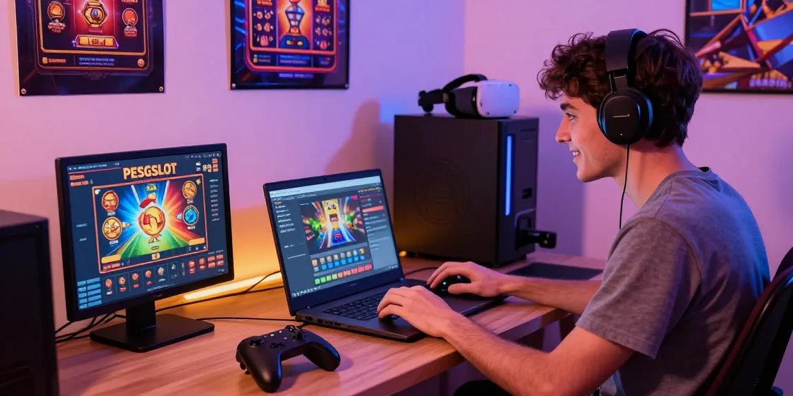 PESGSLOT gaming scene with a user engaged on a laptop in a cozy setting.