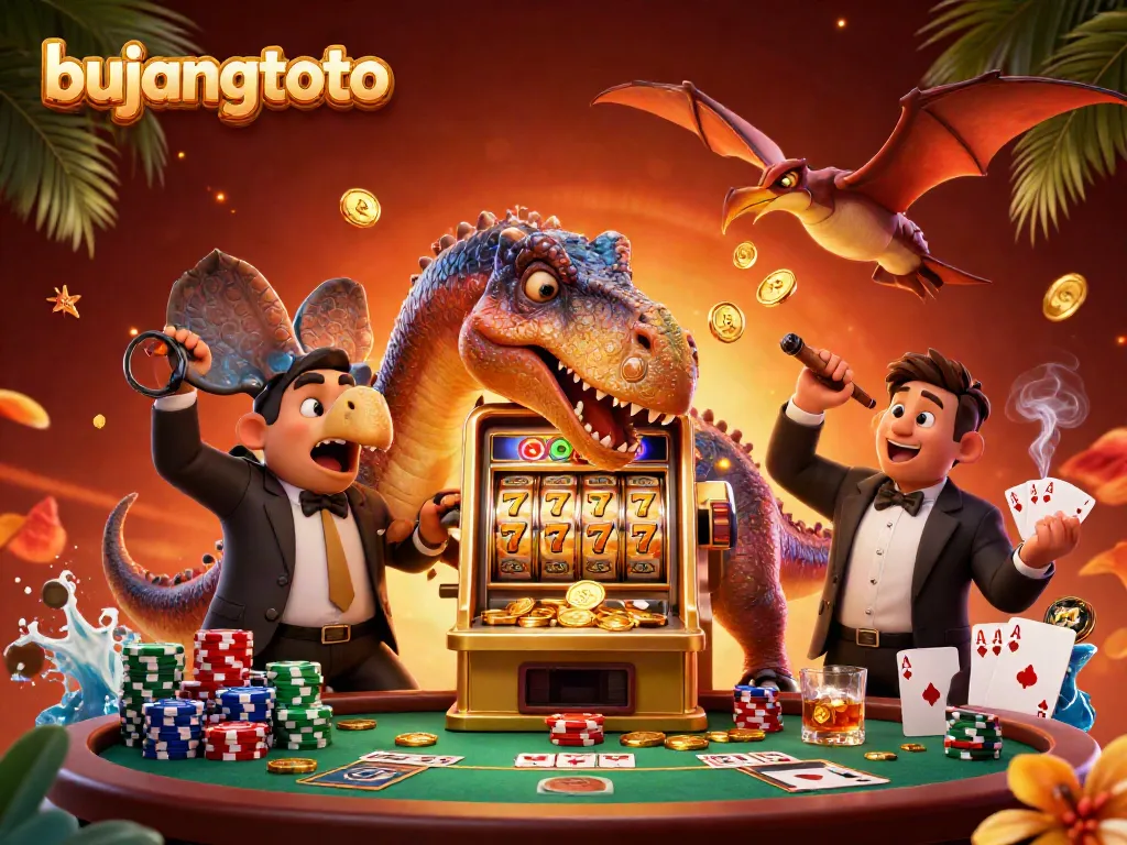 Experience the excitement with bujangtoto as cartoon dinosaurs interact with a golden slot machine, capturing casino joy.