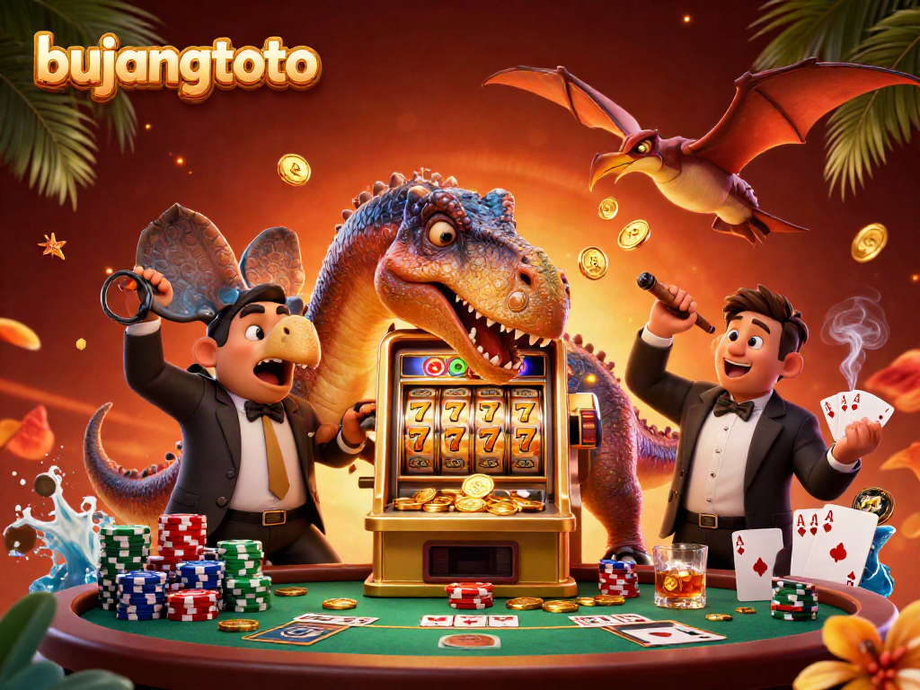 Experience the excitement with bujangtoto as cartoon dinosaurs interact with a golden slot machine, capturing casino joy.