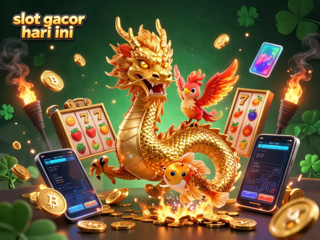 Experience the excitement of slot gacor hari ini with a fierce golden dragon and a cute phoenix surrounded by vibrant casino elements.