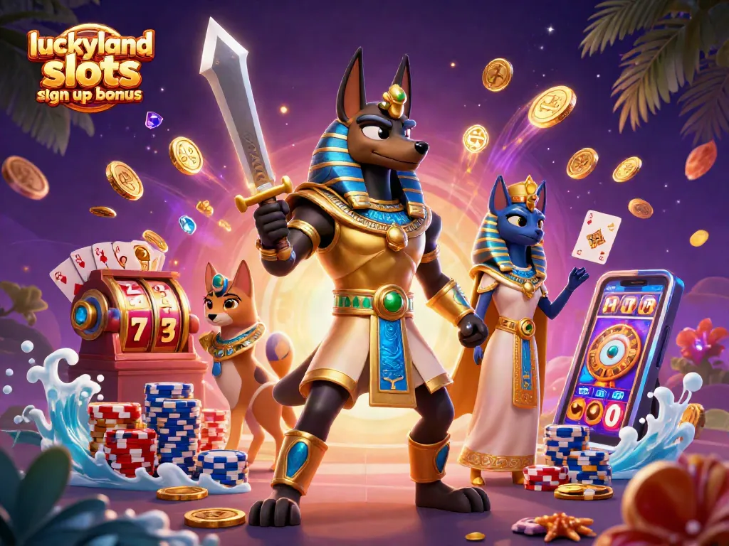 Engage with the luckyland slots sign up bonus through this vibrant 3D scene showcasing casino games and excitement.