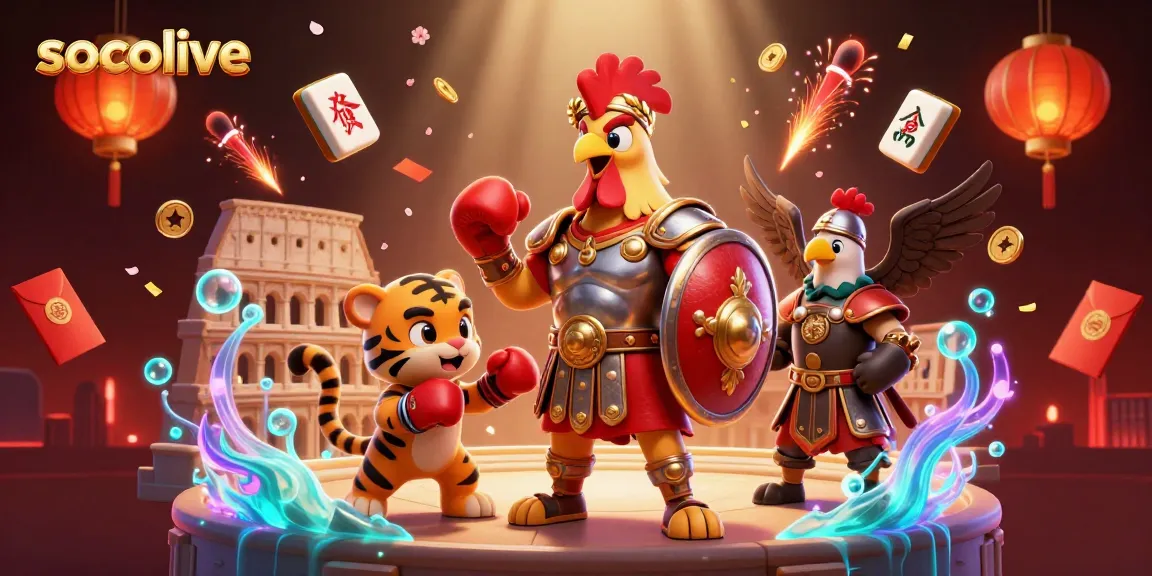 Socolive showcases an energetic 3D rooster gladiator in an arena, surrounded by festive gambling elements.