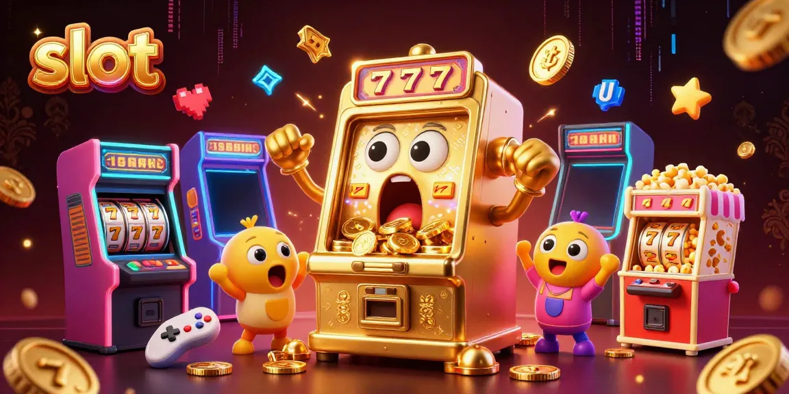 Slot machine celebrating a jackpot win with coins, lucky 7s, and cheering machines in a vibrant scene.