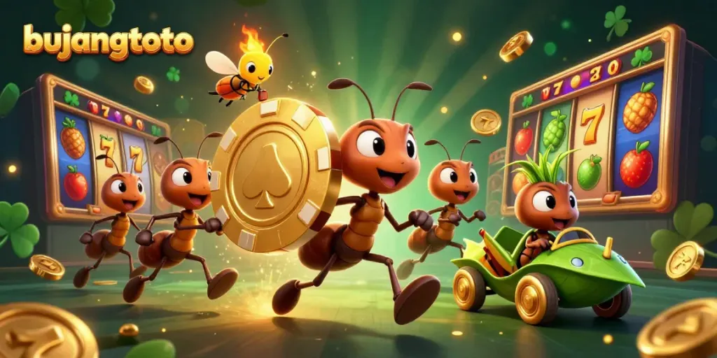 Engage with bujangtoto by following excited ants in a heist with golden chips and vibrant slot symbols.