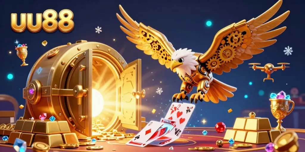 uu88 presents a captivating scene of a golden eagle soaring through holographic playing cards in an online casino.