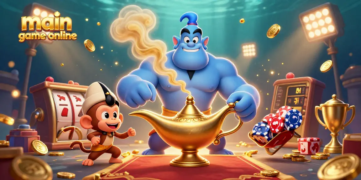 Engage with the main game online featuring a dynamic scene of a genie, monkey, and poker chips with sparkling casino elements.