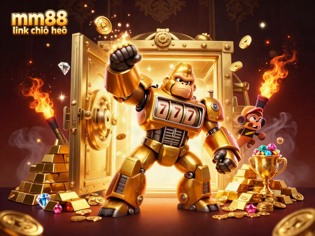 Engage with the dynamic mm88 link chính thức scene featuring a golden gorilla mech and treasure explosion.