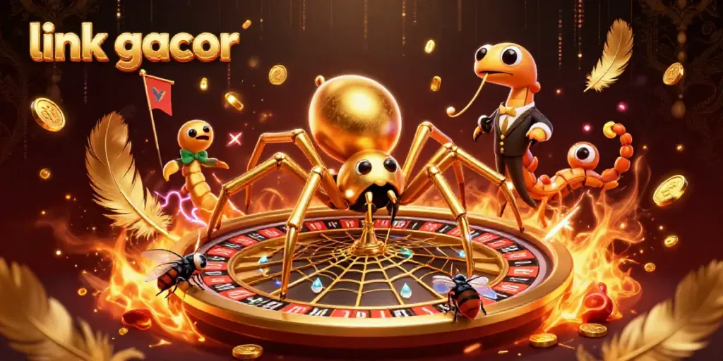 Place bets with the link gacor in this vivid 3D casino-themed illustration featuring characters and gaming elements.
