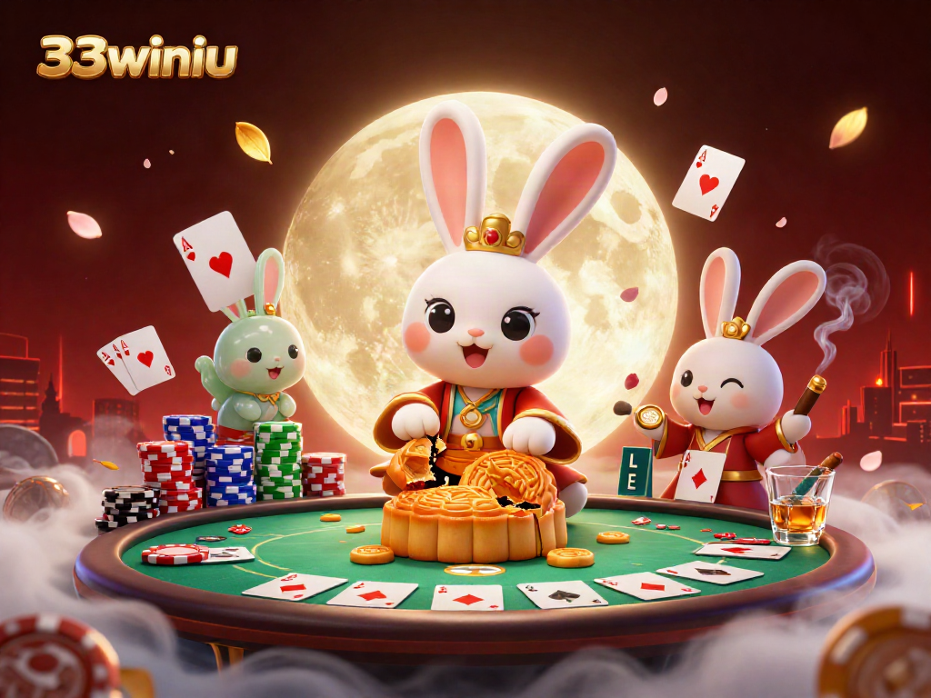 33winiu's moon rabbit deals poker chips amidst mooncakes and casino elements in a whimsical 3D scene.