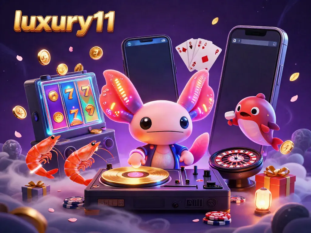 Experience luxury111 gameplay as a vibrant axolotl DJ spins slots amidst a lively underwater party.