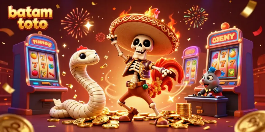Celebrate winning moments at batam toto with 3D cartoon characters in a lively casino setting.