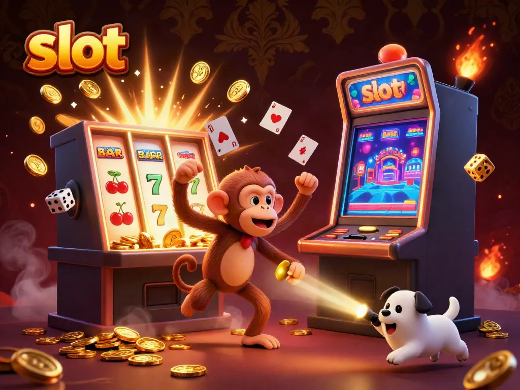Slot yang menyenangkan dengan koin emas dan simbol berputar dalam suasana kasino yang ceria.