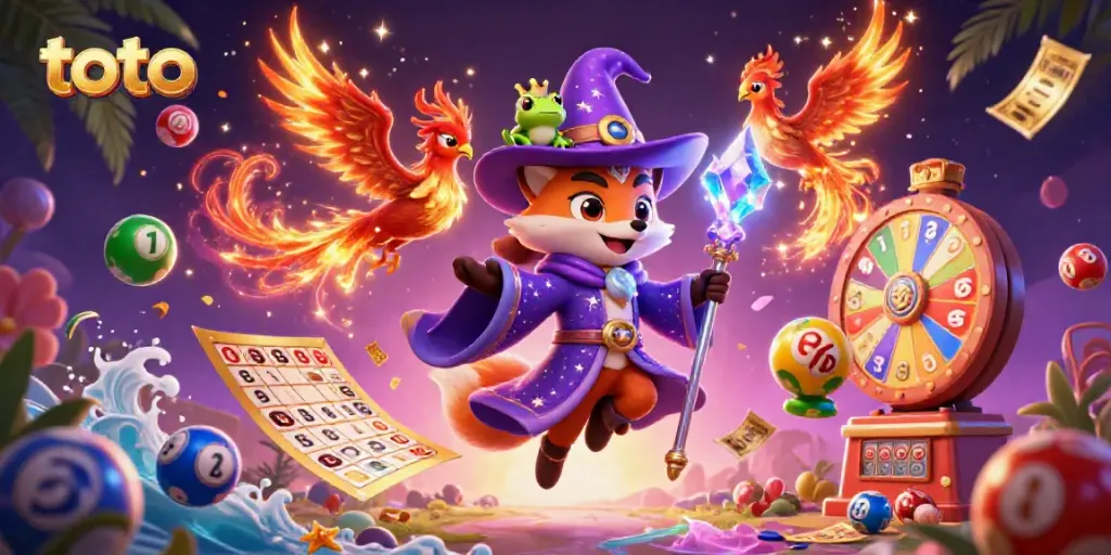 Engage with toto-themed games in a vibrant 3D casino scene featuring a wizard, phoenix, and magic!