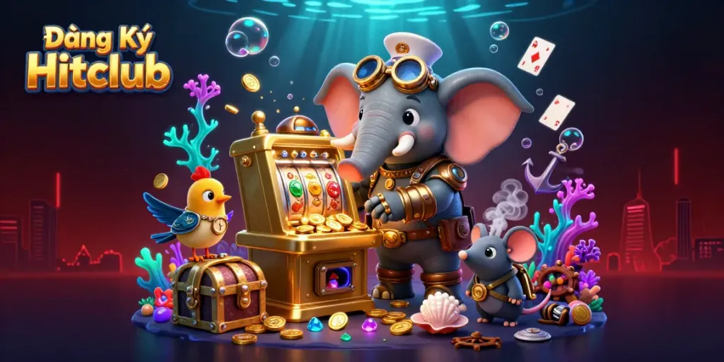 Experience the thrill of Đăng Ký Hitclub with a lively steampunk elephant and vibrant casino elements.
