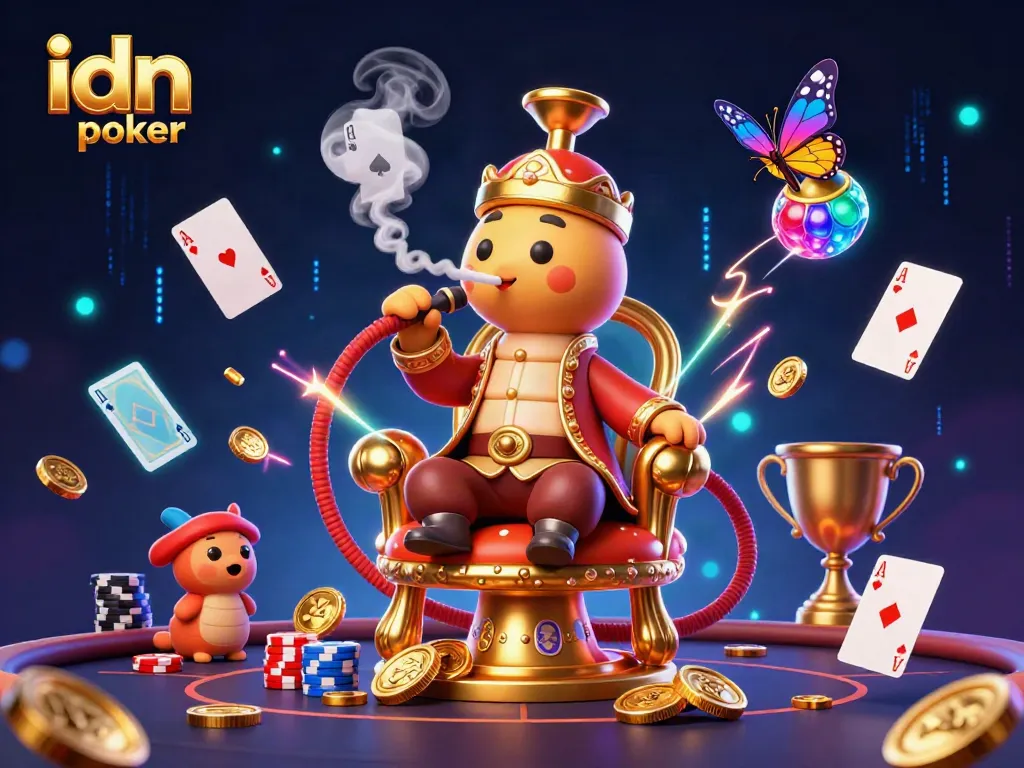 Menghadapi poker dengan idn poker, karakter kartun 3D ulat besar dalam pakaian sultan yang mewah, menikmati nuansa perjudian.