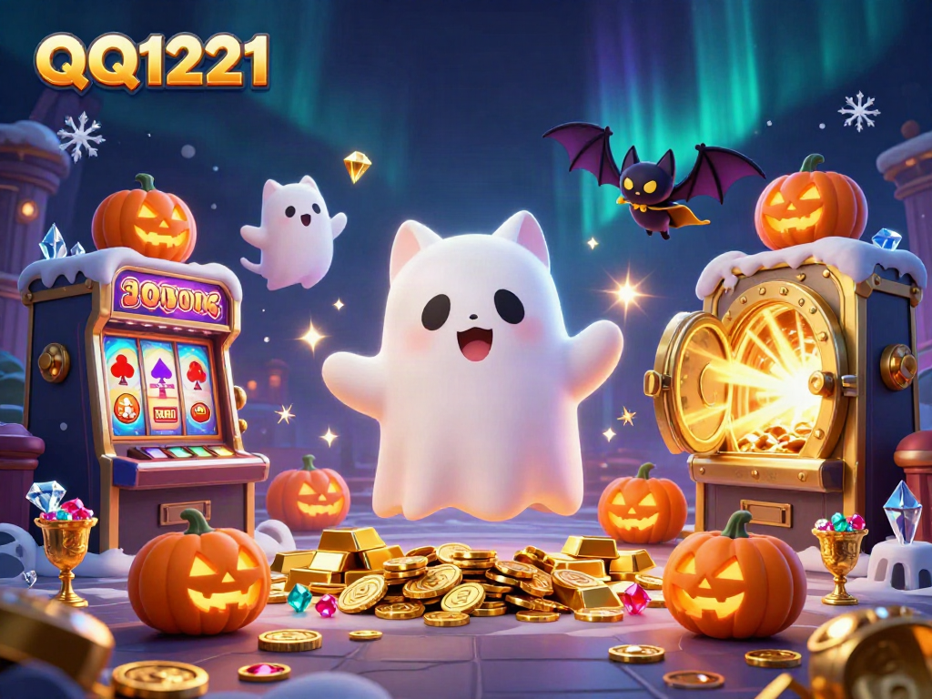 Engage in QQ1221 with a cute ghost cat, vampire bat, and glowing jack-o-lanterns in a rich casino scene.
