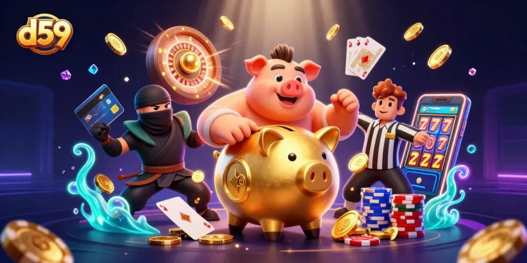 Experience the exciting world of d59 casino gaming with dynamic visuals of a sumo wrestler, ninja, and a referee amidst cash-filled action.