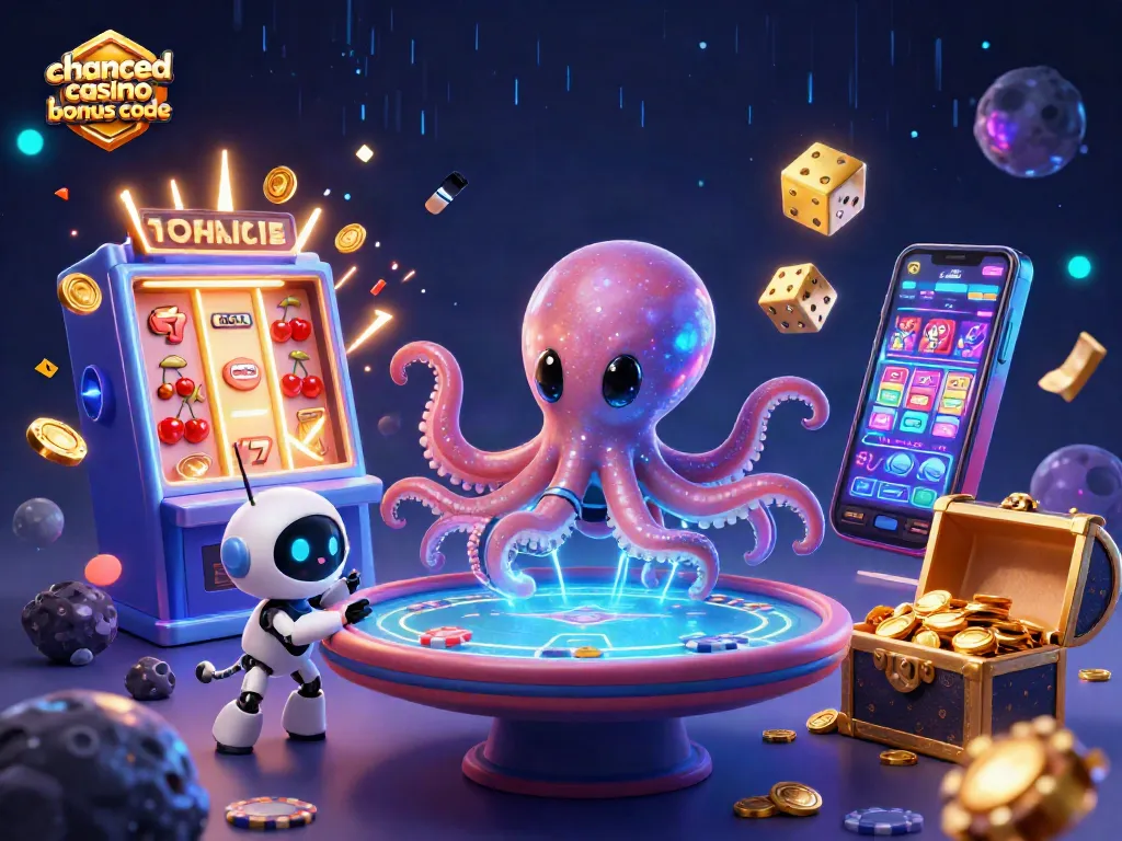 Engage with the chanced casino bonus code as a 3D cartoon octopus operates a poker table with exciting casino elements.