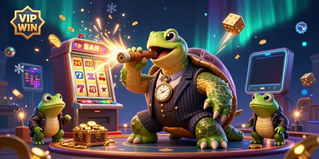Engage with VIP WIN at a lively casino scene featuring a snapping turtle and bullfrog enforcers amidst dynamic game elements.