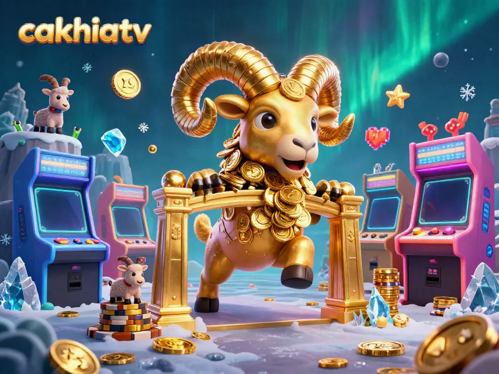 CakhiaTV offers a vibrant and dynamic gambling experience with a golden ram charging through a casino scene filled with arcade elements.