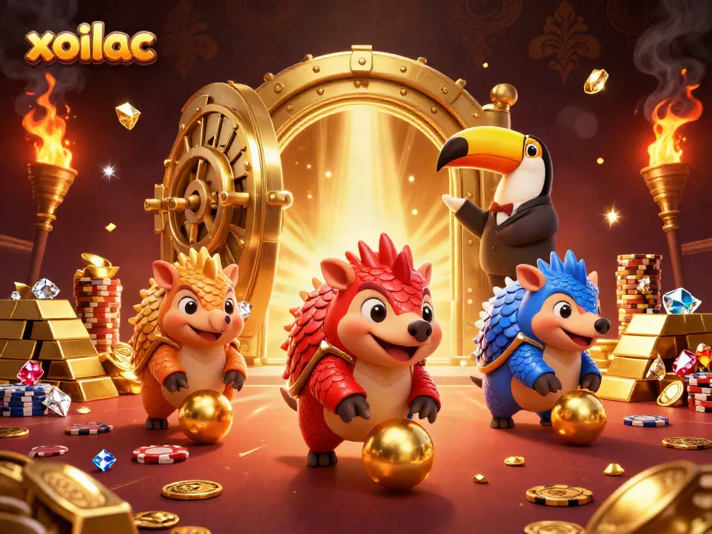 Xoilac TV showcases rival pangolins competing in a vibrant gambling scene packed with poker chips, gems, and treasures.