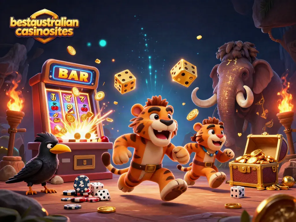 Exciting scene of caveman duo and sabertooth tiger at the bestaustraliancasinosites prehistoric casino.