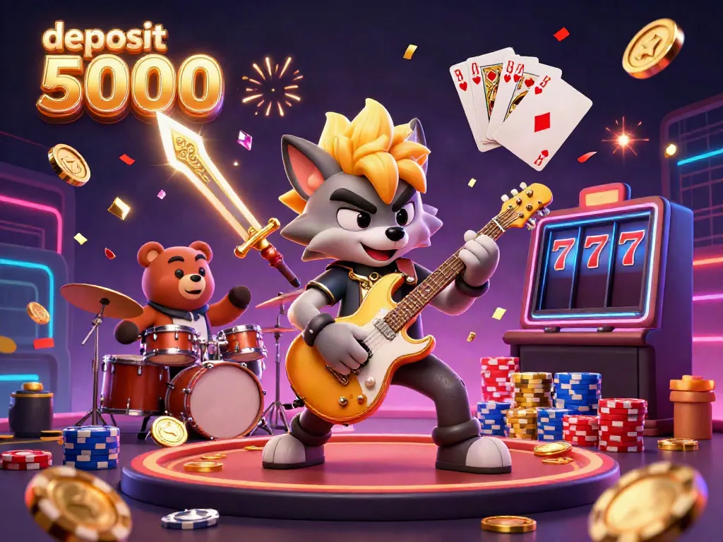 Experience the thrill and excitement with “deposit 5000” as a wolf rock star performs on a casino stage filled with vibrant, flying game elements.