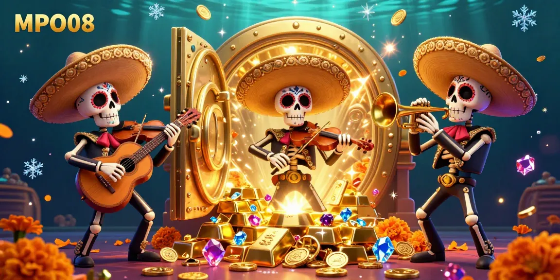 Enjoy gaming with MPO08 as the vibrant mariachi band plays amidst golden treasures and gems.