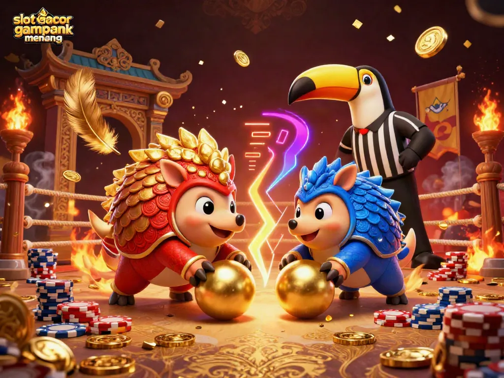 Engaging scene showcasing slot gacor gampang menang with vibrant pangolins and poker chips, celebrating wins in a casino.