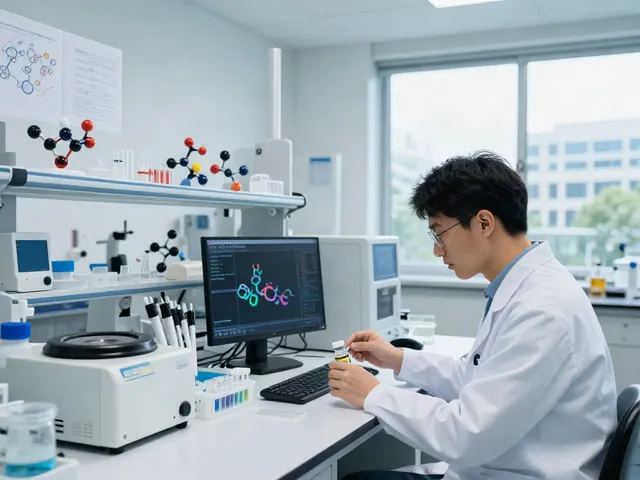 Researcher analyzing a1 compounds peptides in a modern lab setting.
