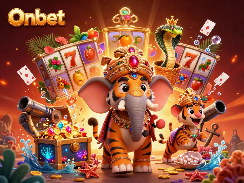 Engage with Onbet's vibrant casino scene featuring rich slot game elements and animated characters for an immersive experience.