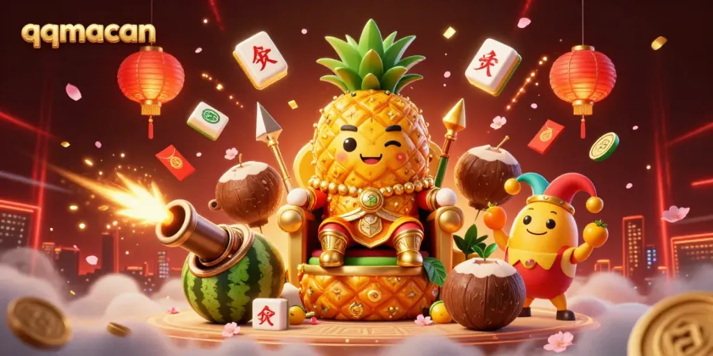Experience the vibrant adventure of qqmacan with a golden pineapple king and festive casino elements in a stunning illustration.