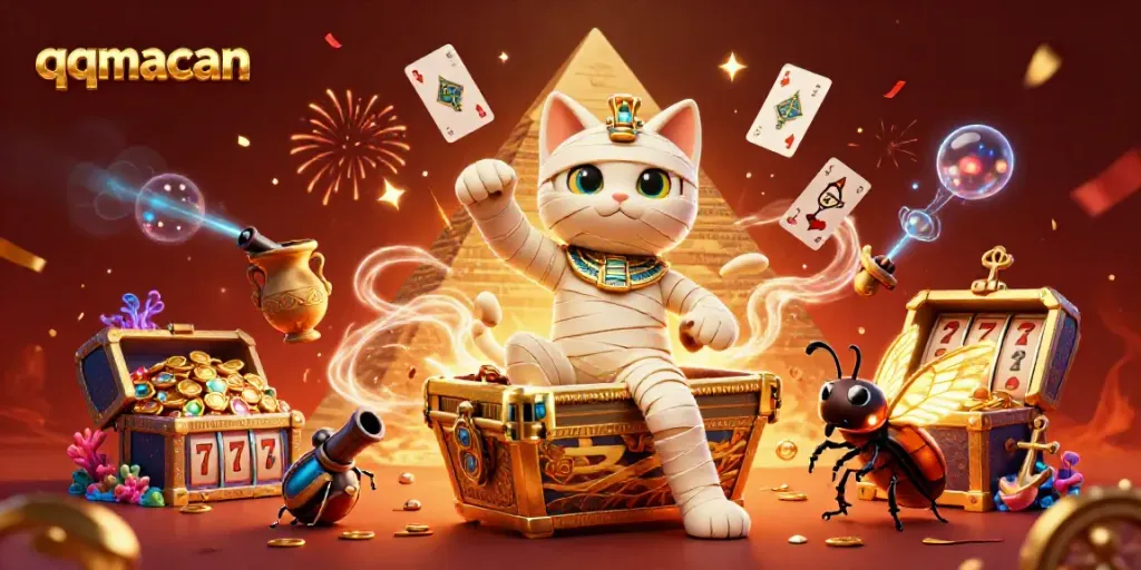 Engage with qqmacan in an exciting pyramid casino scene featuring a mummy cat and treasures.