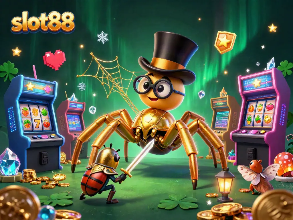 Engage with slot88 imagery showcasing a brave beetle knight facing a golden tarantula in a vibrant casino