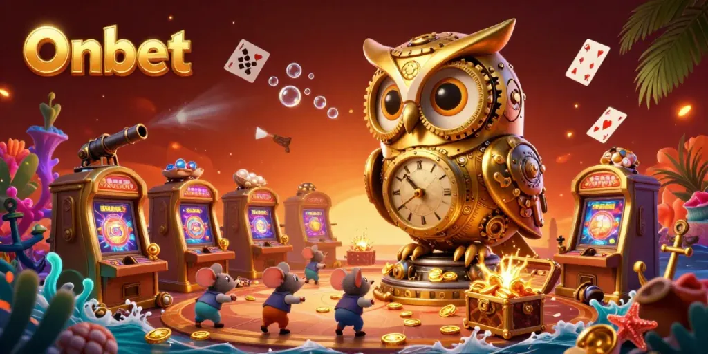 Engage with the thrilling Onbet casino experience featuring a lively golden owl overseeing bustling slot machines.