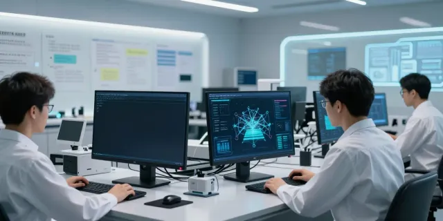 Generative engine optimization platform displayed on screens in a high-tech AI research lab, showcasing cutting-edge technology.