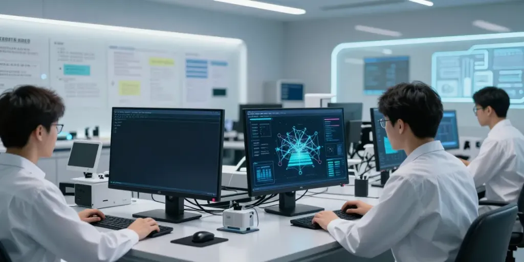 Generative engine optimization platform displayed on screens in a high-tech AI research lab, showcasing cutting-edge technology.