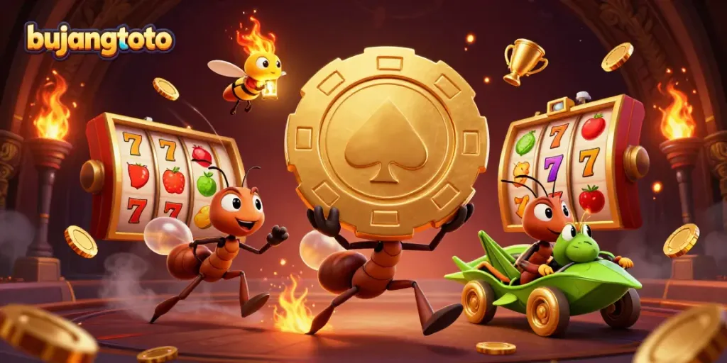 Bujangtoto showcases an adventurous team of ants in a casino tunnel heist with vibrant slot reels and gold.