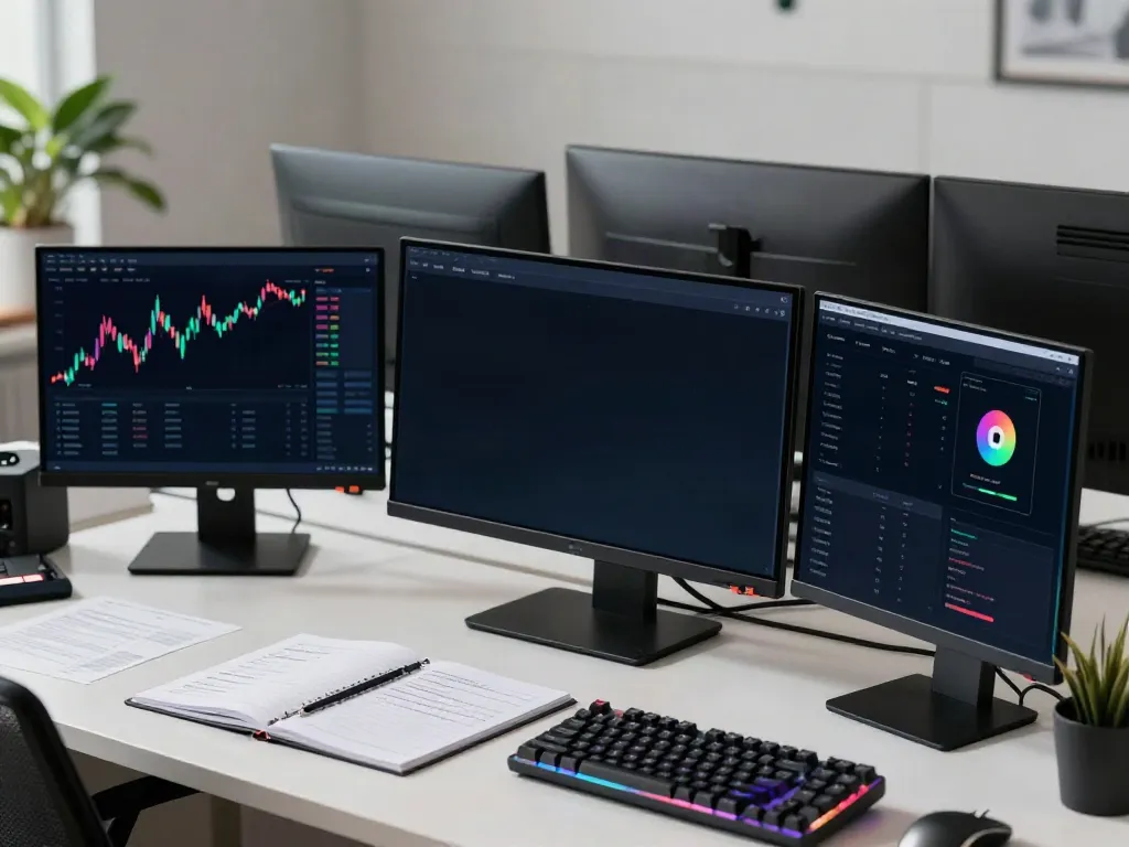 financial data API at a modern trading desk with cryptocurrency charts and digital wallet app