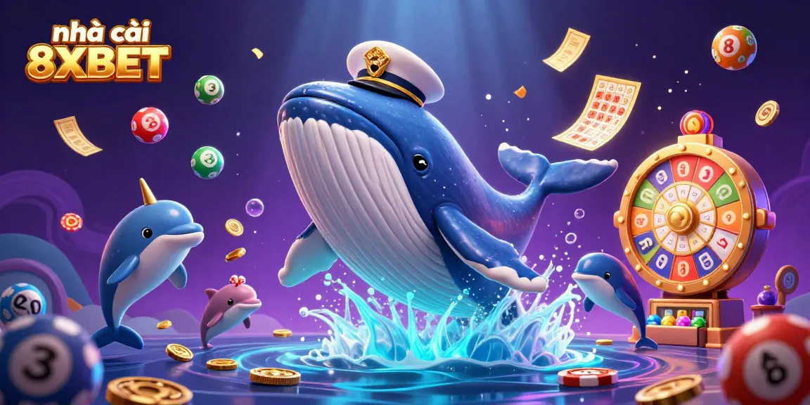 Engage with vibrant casino fun at Nhà cái 8XBET, featuring a playful underwater scene with a whale, narwhal, and dolphins.