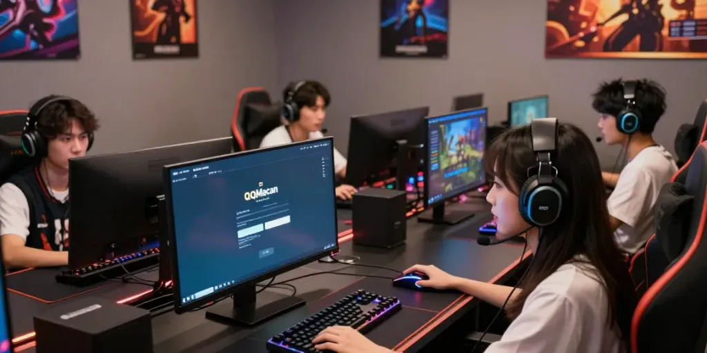Young woman focused on qqmacan login at vibrant gaming hub with advanced tech.