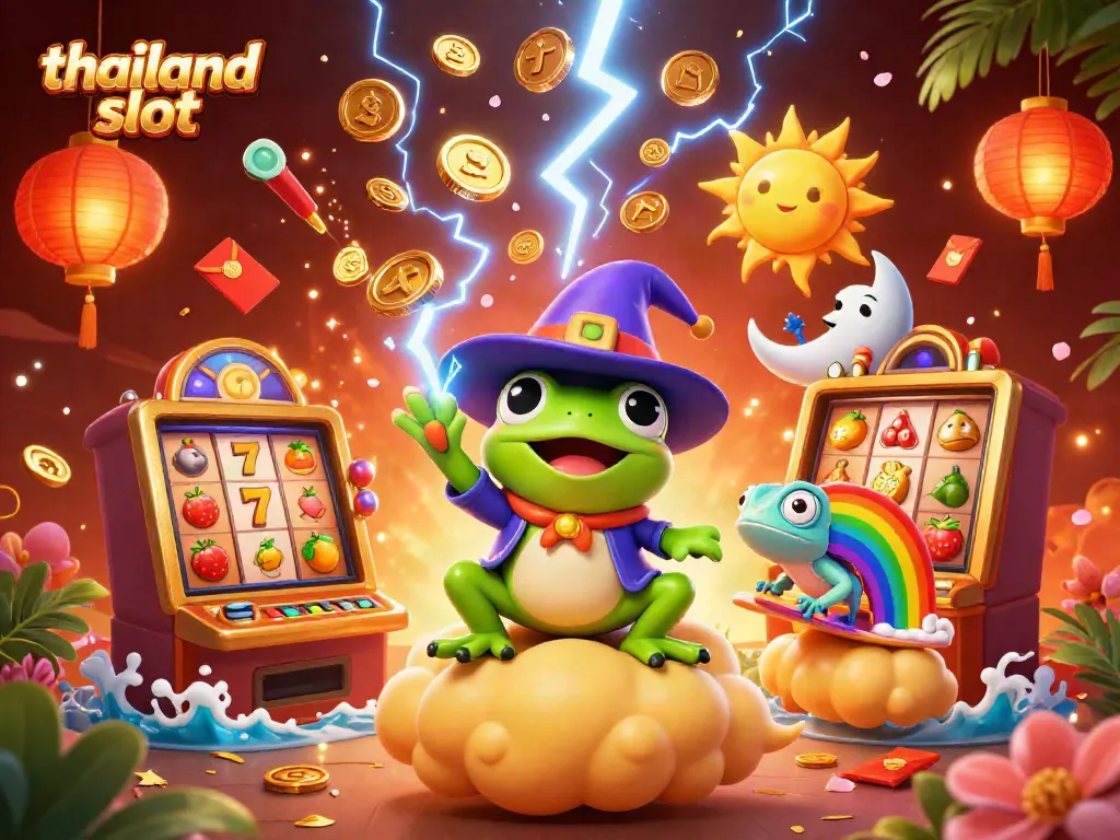 Spin excitedly into the world of thailand slot with vibrant characters and dynamic gaming elements surrounding them.