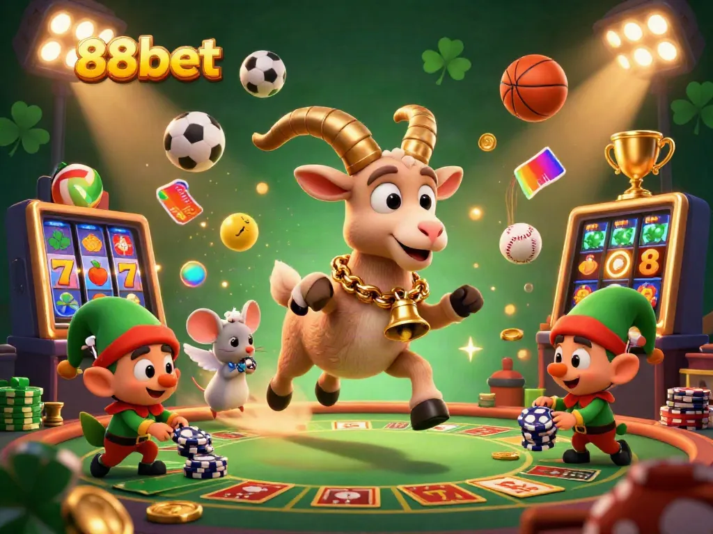 Enjoy thrilling 88vbet casino action as a Krampus goat oversees a festive, chaotic gaming environment with gremlins and angels.