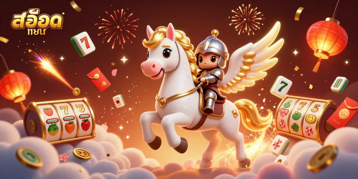 Engage with สล็อตทดลอง through an immersive 3D illustration showcasing a celestial scene with slot machines and festive elements.
