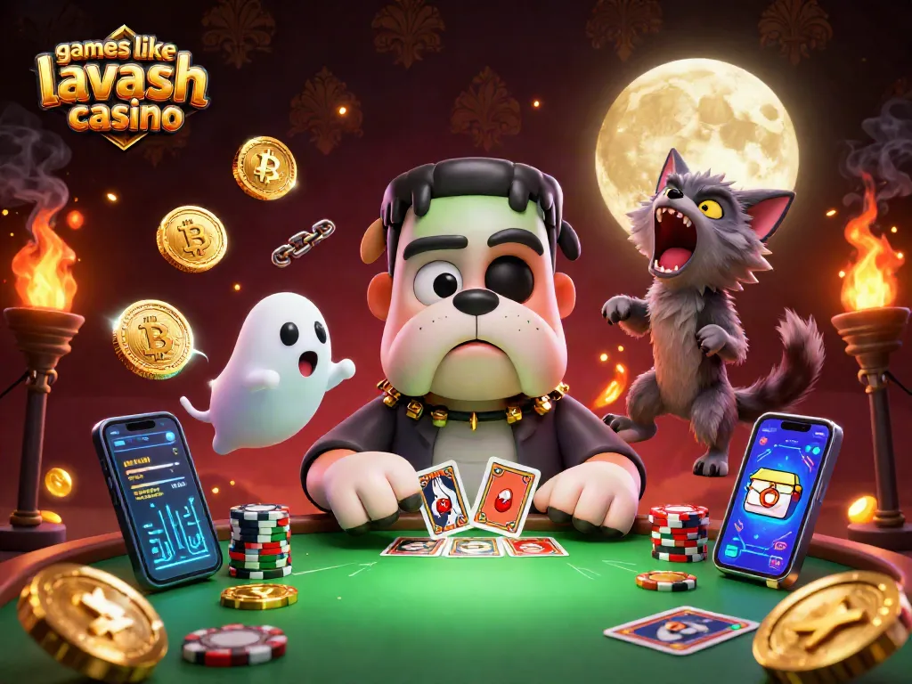 Play exciting games like lavish luck casino with a 3D Frankenstein bulldog dealer and vibrant casino elements.