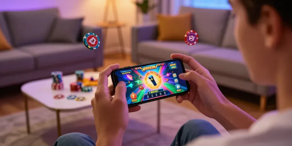 Pengguna menikmati permainan slot online rusuntoto di smartphone di ruang tamu yang nyaman.