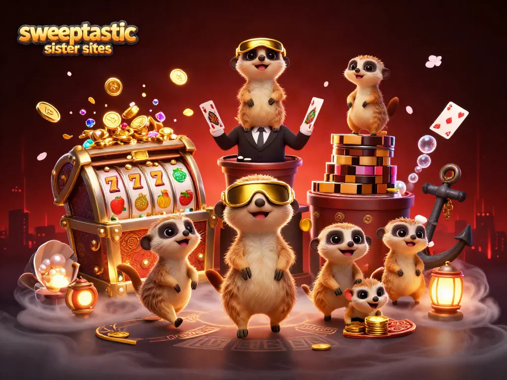 Experience the thrill of sweeptastic sister sites with lively meerkats navigating a vibrant casino.